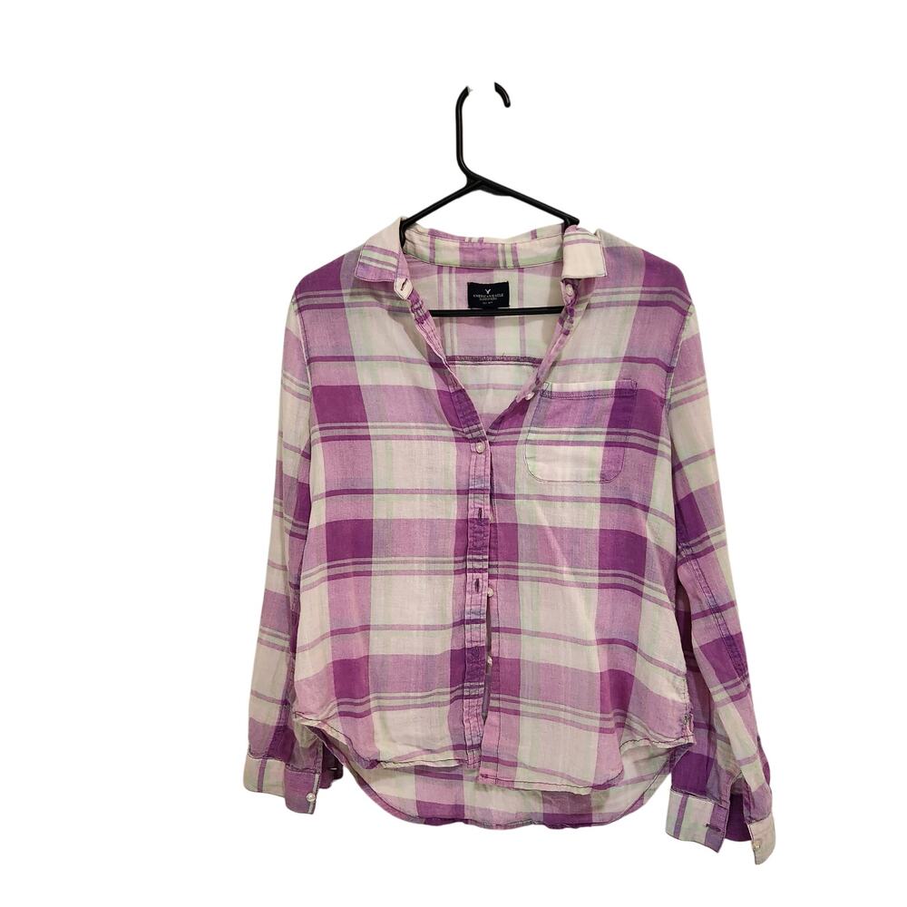 American Eagle Pink Plaid Long Sleeve Pocket Button Up Shirt Casual Top Small